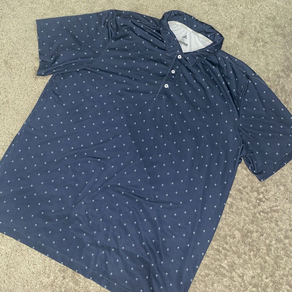 Adidas Polo Shirt Mens 2XL XXL  Blue Golf Performance Stretch All over Print